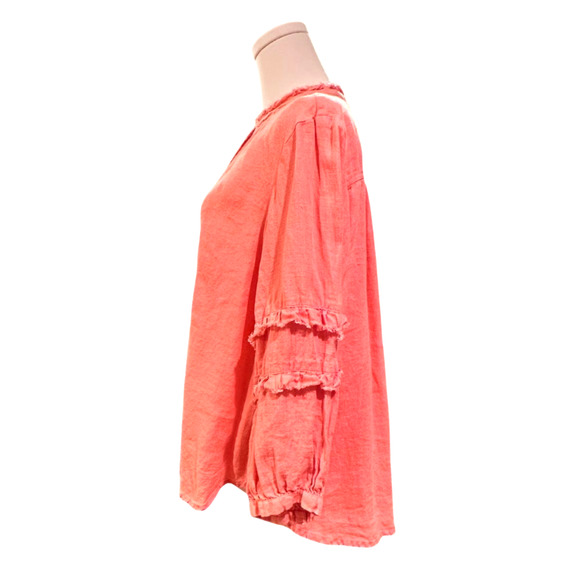 Ivy Jane Coral Orange Linen Boho Shirt Raw Edge Collar Long Sleeve Medium - Picture 4 of 11